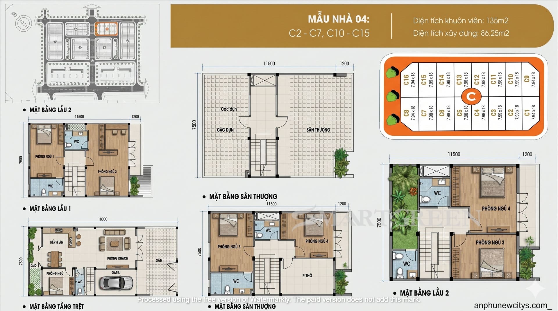 Layout thiết kế nhà phố An Phú New City Mẫu 04 có diện tích đất 135m2