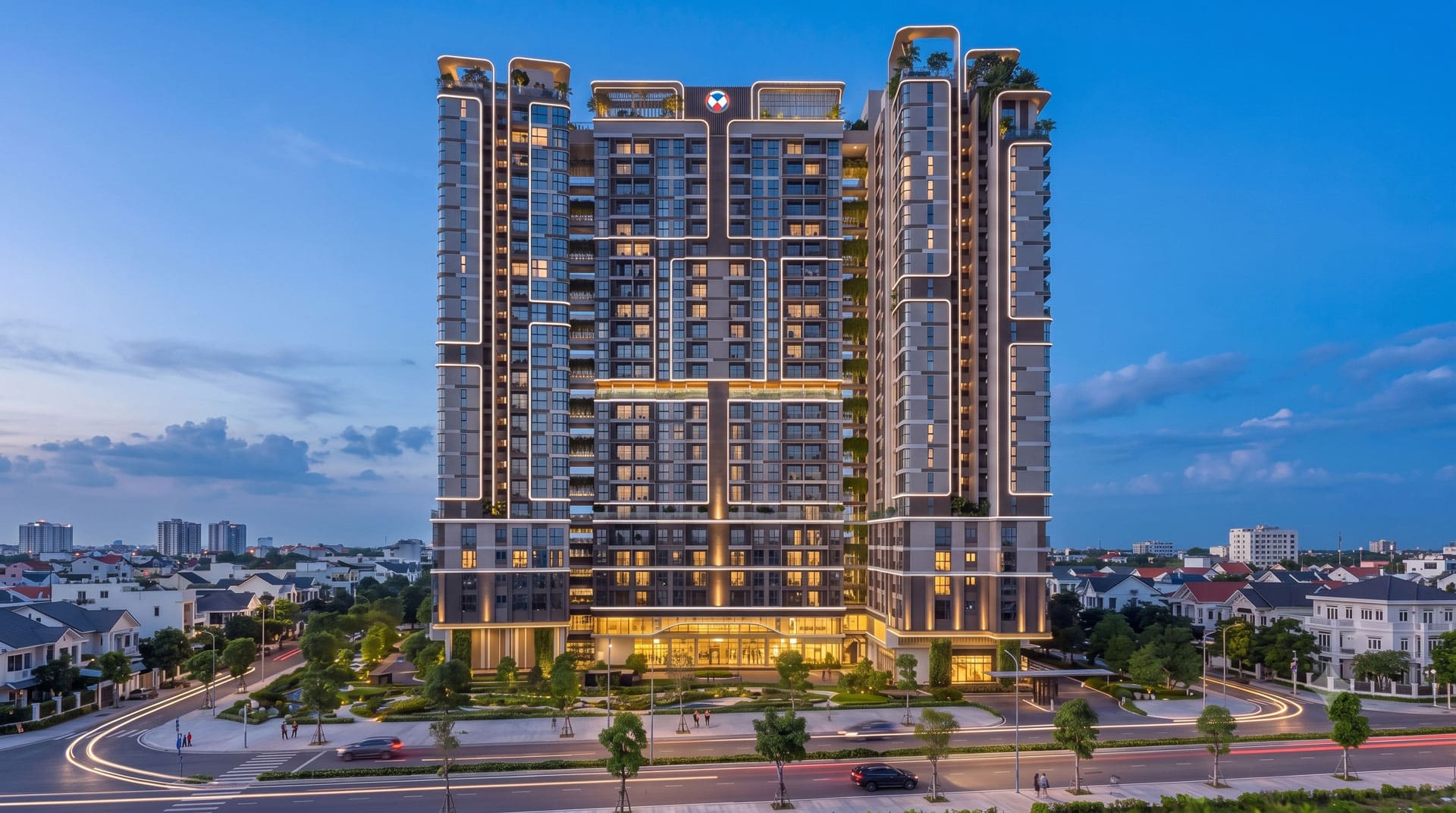 Phối cảnh tổng thể dự án Happy One Elite nổi bật với kiến trúc hiện đại và mảng xanh Biophilic ngay mặt tiền đường Tam Bình.